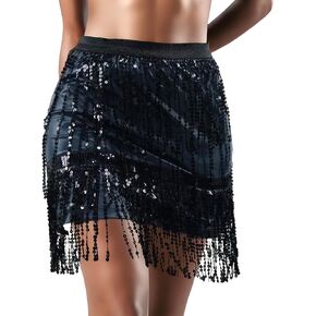 Wuchieal Dancing Skirt Sequin Rave Fringe Skirt Space Cowgirl Outfit with Sparkly Fringe