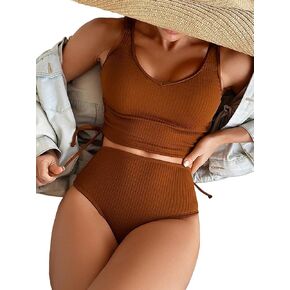 MakeMeChic Women's Ribbed Textured Tankini Swimsuit Lace Up High Waisted Two Piece Bathing Suit