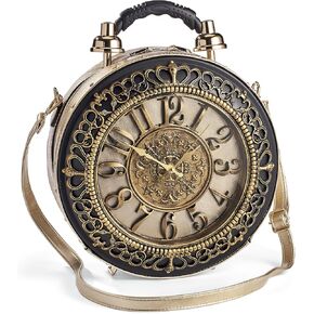 SAGEFINDS Vintage Clock Bag, Vegan Leather Crossbody Shoulder Purse for Women, Real Working Clock, Round Shaped, Steampunk Retro Fashion Handbag, Zip Top, 14" Diameter