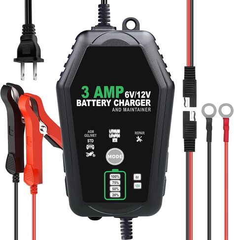 SuperH Smart 3A Trickle Battery Charger for Car, Truck, and Motorcycle 6V/12V - Automatic Temperature Control, Prevents Overcharging & Revives Dead Batteries - for Lead-Acid, AGM, & Lithium Batteries in Saudi Arabia