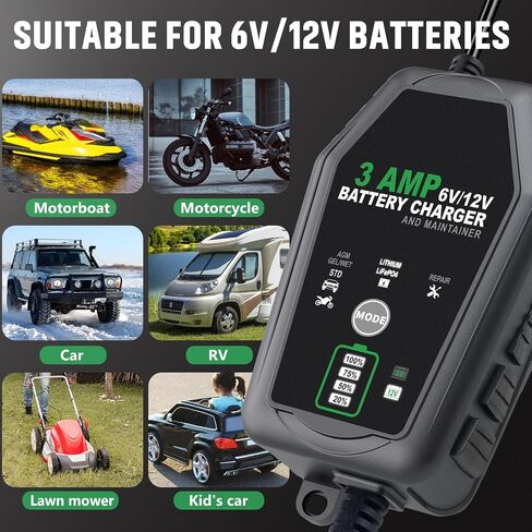 SuperH Smart 3A Trickle Battery Charger for Car, Truck, and Motorcycle 6V/12V - Automatic Temperature Control, Prevents Overcharging & Revives Dead Batteries - for Lead-Acid, AGM, & Lithium Batteries in Saudi Arabia