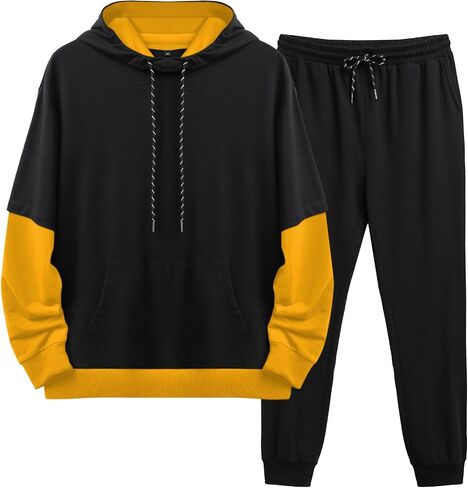 LecGee Men 2 Piece Tracksuit Outfit Contrast Color Patchwork Hoodie Sweatshirt Sweatpants Casual Jogging Sweatsuit Set in Saudi Arabia
