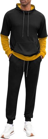 LecGee Men 2 Piece Tracksuit Outfit Contrast Color Patchwork Hoodie Sweatshirt Sweatpants Casual Jogging Sweatsuit Set in Saudi Arabia