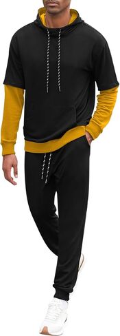 LecGee Men 2 Piece Tracksuit Outfit Contrast Color Patchwork Hoodie Sweatshirt Sweatpants Casual Jogging Sweatsuit Set in Saudi Arabia