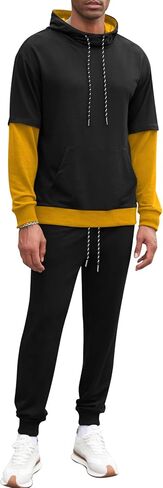 LecGee Men 2 Piece Tracksuit Outfit Contrast Color Patchwork Hoodie Sweatshirt Sweatpants Casual Jogging Sweatsuit Set in Saudi Arabia