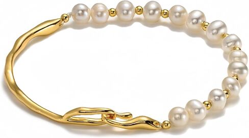 Freshwater Cultured Pearl Bracelet 18K Gold-Plated Spliced Vintage Bracelet for Women Fixed Size Stacked Bracelet 6mm Real Pearls 8 Inch in Saudi Arabia