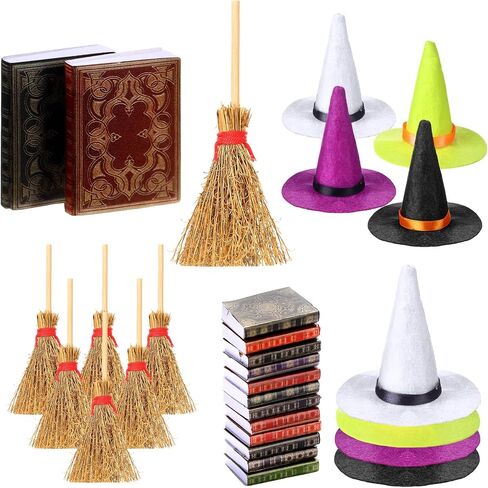 36 Pieces Mini Halloween Decorations 12 Mini Felt Witch Hats 12 Small Brooms 12 Miniature Dollhouse Books Tiny Witch Accessories Set for DIY Crafts Halloween Party Decor Supplies in Saudi Arabia
