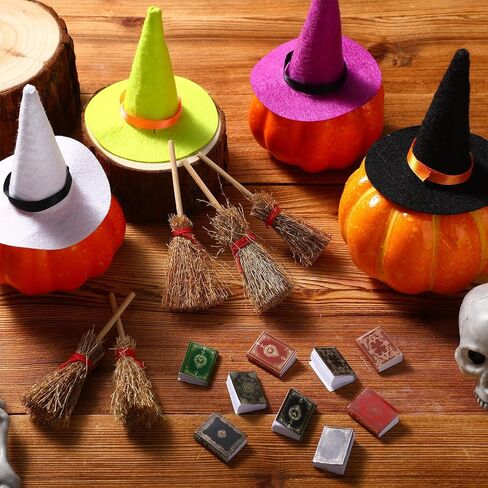 36 Pieces Mini Halloween Decorations 12 Mini Felt Witch Hats 12 Small Brooms 12 Miniature Dollhouse Books Tiny Witch Accessories Set for DIY Crafts Halloween Party Decor Supplies in Saudi Arabia