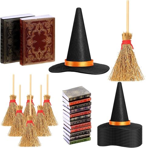 36 Pieces Mini Halloween Decorations 12 Mini Felt Witch Hats 12 Small Brooms 12 Miniature Dollhouse Books Tiny Witch Accessories Set for DIY Crafts Halloween Party Decor Supplies in Saudi Arabia