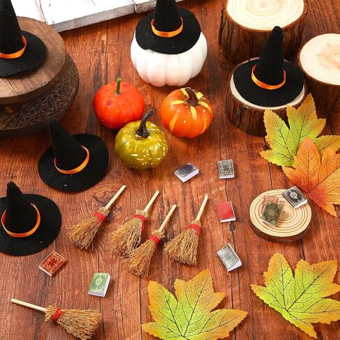 36 Pieces Mini Halloween Decorations 12 Mini Felt Witch Hats 12 Small Brooms 12 Miniature Dollhouse Books Tiny Witch Accessories Set for DIY Crafts Halloween Party Decor Supplies in Saudi Arabia