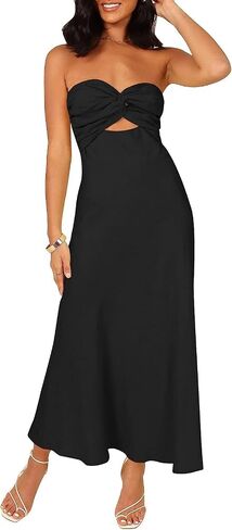 Fiemaoves Sexy Twist Front Strapless Sweetheart Neckline Midi Dresses for Women Smocked Cutout Tube Linen Dress Wedding Guest in Saudi Arabia