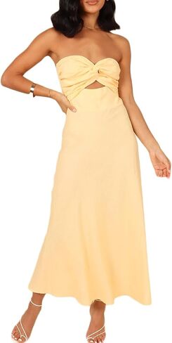 Fiemaoves Sexy Twist Front Strapless Sweetheart Neckline Midi Dresses for Women Smocked Cutout Tube Linen Dress Wedding Guest in Saudi Arabia