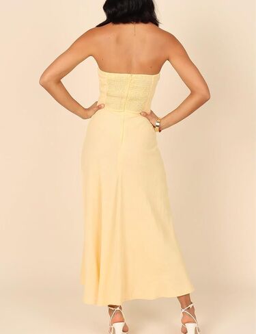 Fiemaoves Sexy Twist Front Strapless Sweetheart Neckline Midi Dresses for Women Smocked Cutout Tube Linen Dress Wedding Guest in Saudi Arabia