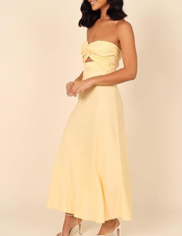 Fiemaoves Sexy Twist Front Strapless Sweetheart Neckline Midi Dresses for Women Smocked Cutout Tube Linen Dress Wedding Guest in Saudi Arabia