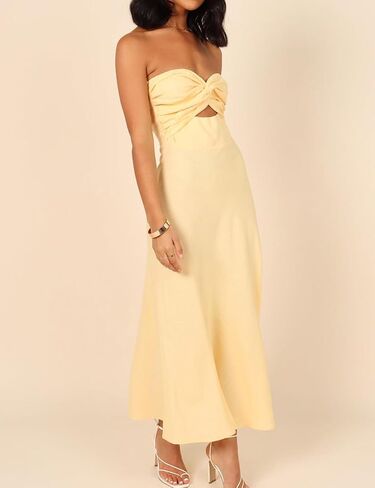 Fiemaoves Sexy Twist Front Strapless Sweetheart Neckline Midi Dresses for Women Smocked Cutout Tube Linen Dress Wedding Guest in Saudi Arabia