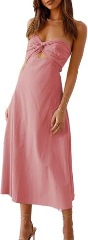Fiemaoves Sexy Twist Front Strapless Sweetheart Neckline Midi Dresses for Women Smocked Cutout Tube Linen Dress Wedding Guest in Saudi Arabia
