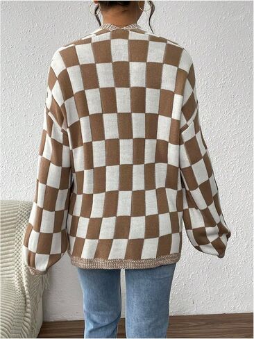 MakeMeChic Women's Checkered Cardigan Sweater Long Sleeve Open Front Oversized Cardigans in Kuwait