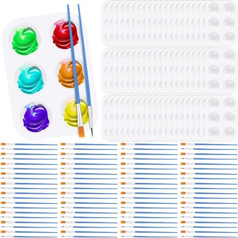Paint Brushes Palettes Set 100 Pcs Nylon Painting Brush 50 Pcs Round Paint Tray Palettes Plastic Pallets Nylon Hair Paintbrush for Acrylic Oil Watercolor Students Art Paint Party Supplies in Saudi Arabia