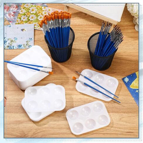 Paint Brushes Palettes Set 100 Pcs Nylon Painting Brush 50 Pcs Round Paint Tray Palettes Plastic Pallets Nylon Hair Paintbrush for Acrylic Oil Watercolor Students Art Paint Party Supplies in Saudi Arabia