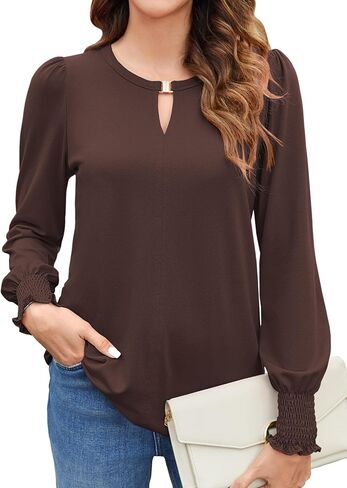 Bluetime Womens Puff Long Sleeve Dressy Casual Tops Trendy Office Work Shirts Keyhole V Neck Ruffled Blouses in Saudi Arabia