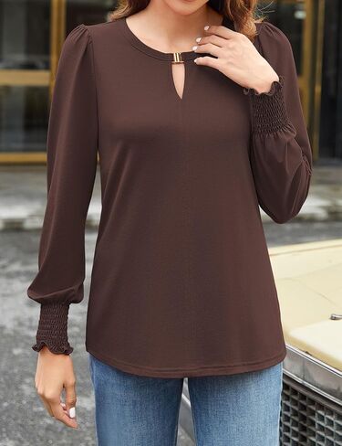 Bluetime Womens Puff Long Sleeve Dressy Casual Tops Trendy Office Work Shirts Keyhole V Neck Ruffled Blouses in Saudi Arabia
