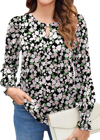 Bluetime Womens Puff Long Sleeve Dressy Casual Tops Trendy Office Work Shirts Keyhole V Neck Ruffled Blouses in Saudi Arabia