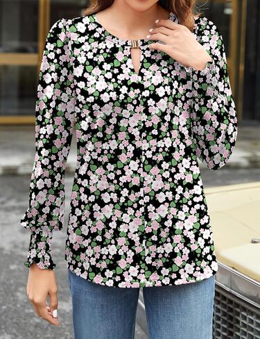 Bluetime Womens Puff Long Sleeve Dressy Casual Tops Trendy Office Work Shirts Keyhole V Neck Ruffled Blouses in Saudi Arabia
