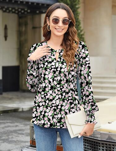 Bluetime Womens Puff Long Sleeve Dressy Casual Tops Trendy Office Work Shirts Keyhole V Neck Ruffled Blouses in Saudi Arabia