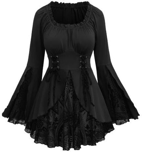 Rosegal Womens Plus Size Flocking Floral Figure Print Lace Up Ruched Ruffles Long Bell Sleeves Flowy 2 in 1 Top in Kuwait