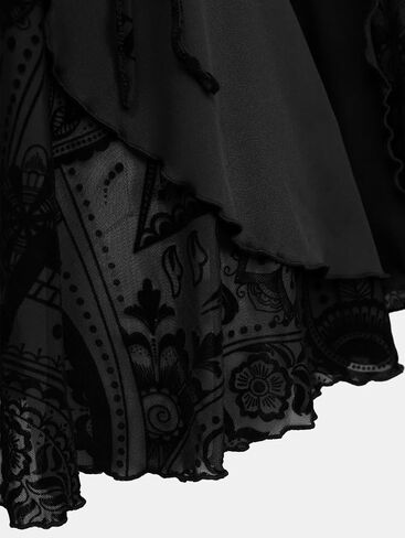 Rosegal Womens Plus Size Flocking Floral Figure Print Lace Up Ruched Ruffles Long Bell Sleeves Flowy 2 in 1 Top in Kuwait