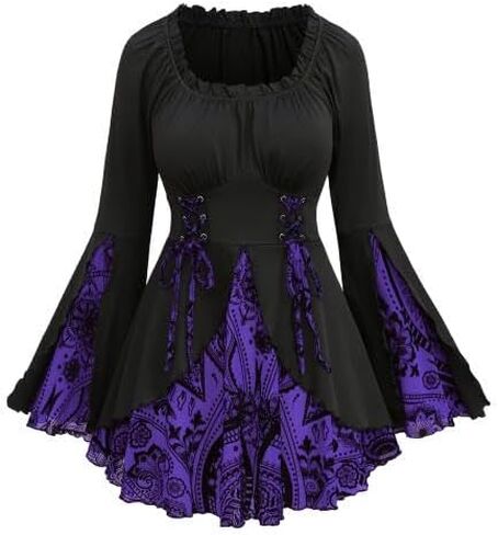 Rosegal Womens Plus Size Flocking Floral Figure Print Lace Up Ruched Ruffles Long Bell Sleeves Flowy 2 in 1 Top in Kuwait