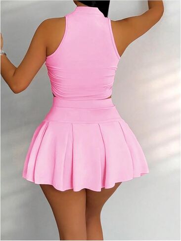 طقم تنورة تنس نسائي مكون من قطعتين بدون أكمام من Racerback قطع علوية قصيرة عالية الخصر بطيات تنورة قصيرة وتتسابق in Saudi Arabia