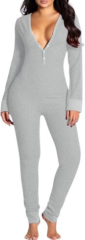 Women's Sexy Deep V Neck Jumpsuit Romper Butt Flap Pajamas Bodycon Bodysuit Long Sleeve One Piece Overall Sleepwear in Kuwait