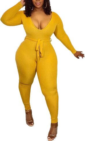 Ophestin Womens Sexy V Neck Solid Color Long Sleeve Ribbed Knit Bodycon Jumpsuit in Kuwait