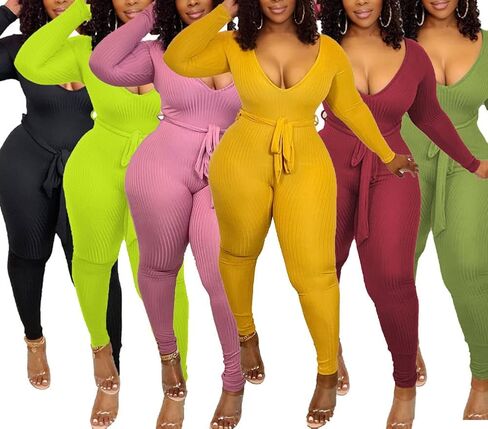 Ophestin Womens Sexy V Neck Solid Color Long Sleeve Ribbed Knit Bodycon Jumpsuit in Kuwait