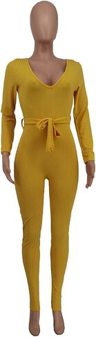 Ophestin Womens Sexy V Neck Solid Color Long Sleeve Ribbed Knit Bodycon Jumpsuit in Kuwait