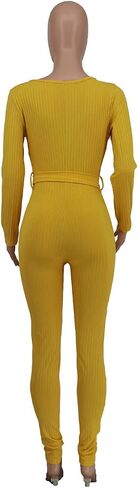Ophestin Womens Sexy V Neck Solid Color Long Sleeve Ribbed Knit Bodycon Jumpsuit in Kuwait