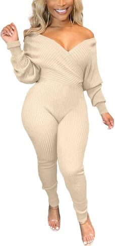 Ophestin Womens Sexy V Neck Solid Color Long Sleeve Ribbed Knit Bodycon Jumpsuit in Kuwait