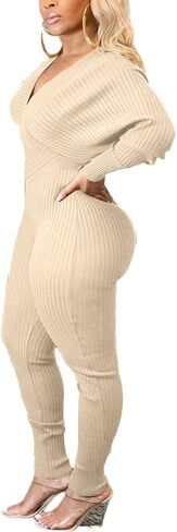 Ophestin Womens Sexy V Neck Solid Color Long Sleeve Ribbed Knit Bodycon Jumpsuit in Kuwait