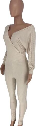 Ophestin Womens Sexy V Neck Solid Color Long Sleeve Ribbed Knit Bodycon Jumpsuit in Kuwait