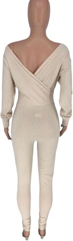 Ophestin Womens Sexy V Neck Solid Color Long Sleeve Ribbed Knit Bodycon Jumpsuit in Kuwait