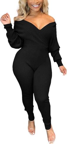 Ophestin Womens Sexy V Neck Solid Color Long Sleeve Ribbed Knit Bodycon Jumpsuit in Kuwait