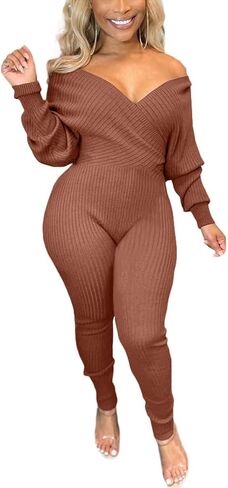 بذلة نسائية مثيرة من Ophestin برقبة على شكل حرف V وأكمام طويلة ومتماسكة ومضلعة in Kuwait