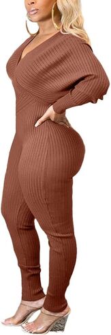 بذلة نسائية مثيرة من Ophestin برقبة على شكل حرف V وأكمام طويلة ومتماسكة ومضلعة in Kuwait