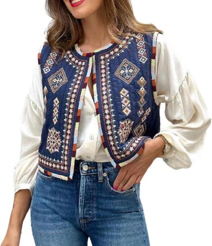 Lordree Women Retro Embroidered Floral Vest Tops Y2k Sleeveless Open Front Crop Vest Vintage Fashion Floral Sleeveless Blazer in Kuwait