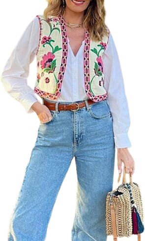 Lordree Women Retro Embroidered Floral Vest Tops Y2k Sleeveless Open Front Crop Vest Vintage Fashion Floral Sleeveless Blazer in Kuwait