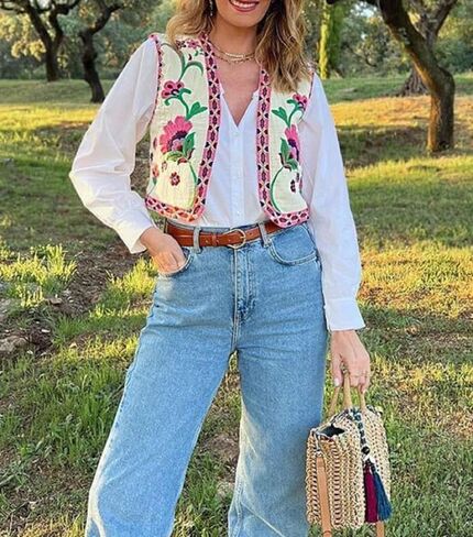 Lordree Women Retro Embroidered Floral Vest Tops Y2k Sleeveless Open Front Crop Vest Vintage Fashion Floral Sleeveless Blazer in Kuwait