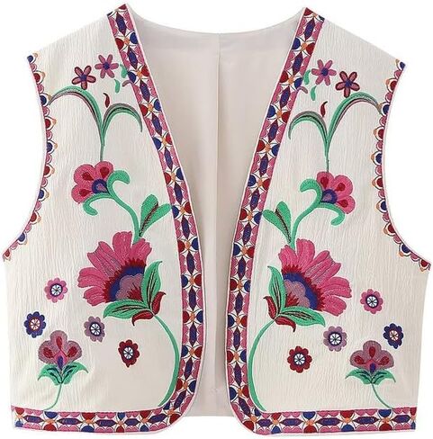 Lordree Women Retro Embroidered Floral Vest Tops Y2k Sleeveless Open Front Crop Vest Vintage Fashion Floral Sleeveless Blazer in Kuwait