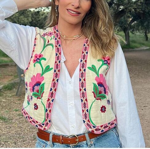 Lordree Women Retro Embroidered Floral Vest Tops Y2k Sleeveless Open Front Crop Vest Vintage Fashion Floral Sleeveless Blazer in Kuwait