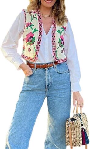 Lordree Women Retro Embroidered Floral Vest Tops Y2k Sleeveless Open Front Crop Vest Vintage Fashion Floral Sleeveless Blazer in Kuwait
